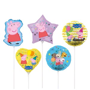 Mehrfarbige Peppa Pig Mini Folienballons, 5-fach sortiert, mit Halterung.