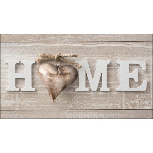Dekopanel mit dem Schriftzug HOME und einem Herz auf Holzoptik-Hintergrund.