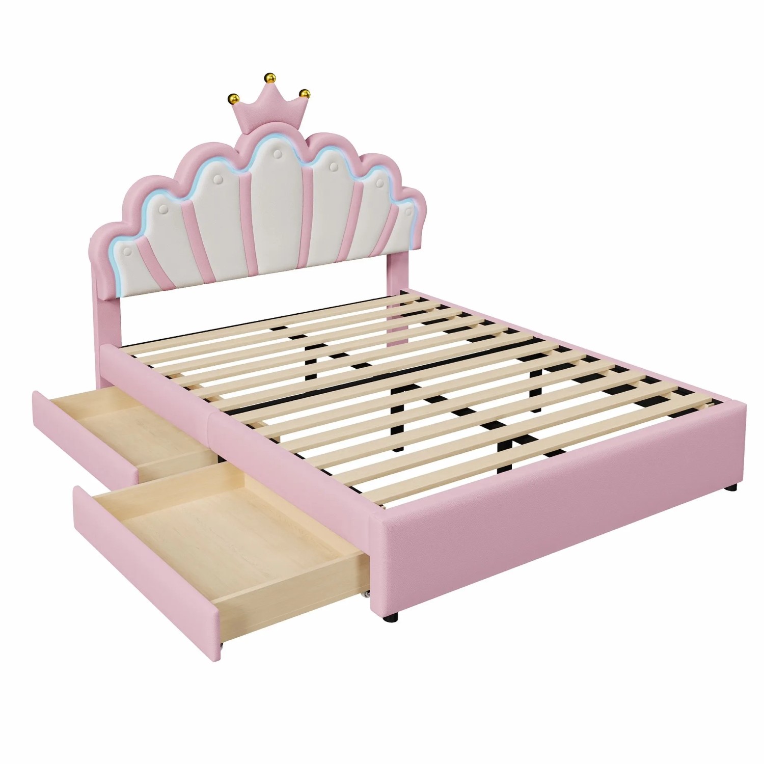 okwish Polsterbett 140x200cm mit LED Licht Schubladen Rosa ohne Matratze