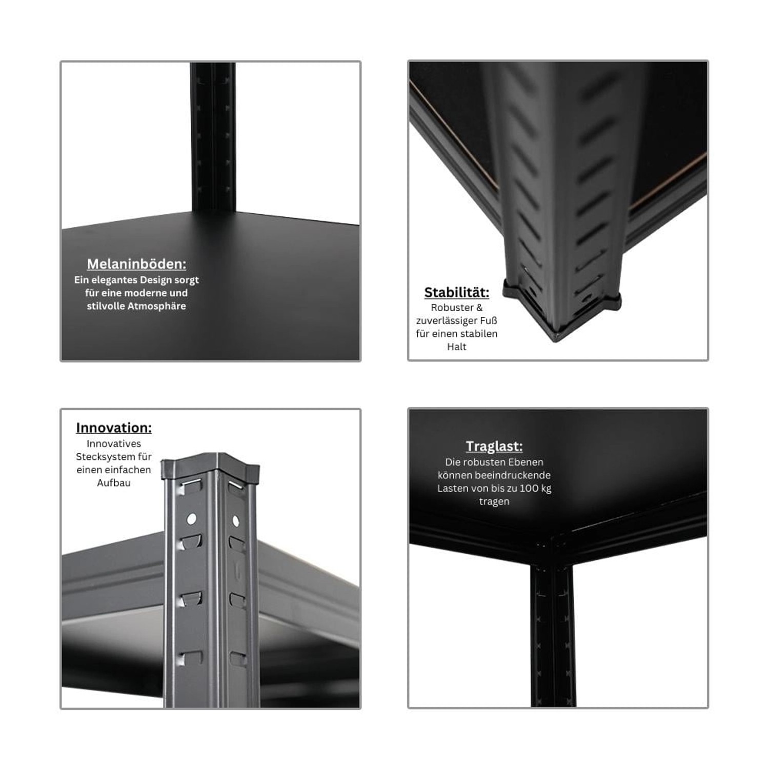 Detailansichten des schwarzen BERLINLODGE Wohnregals Ragnar, das die Stabilität und das Stecksystem hervorhebt.