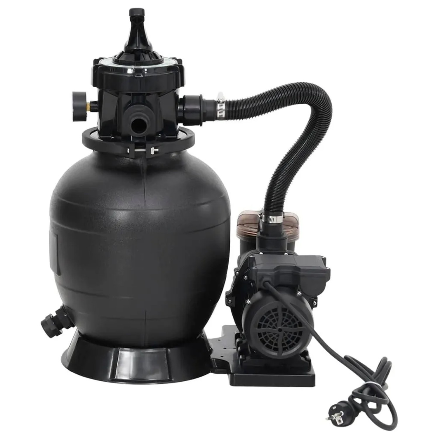 Schwarze vidaXL Pool-Sandfilteranlage mit Vorfilter und Pumpe.