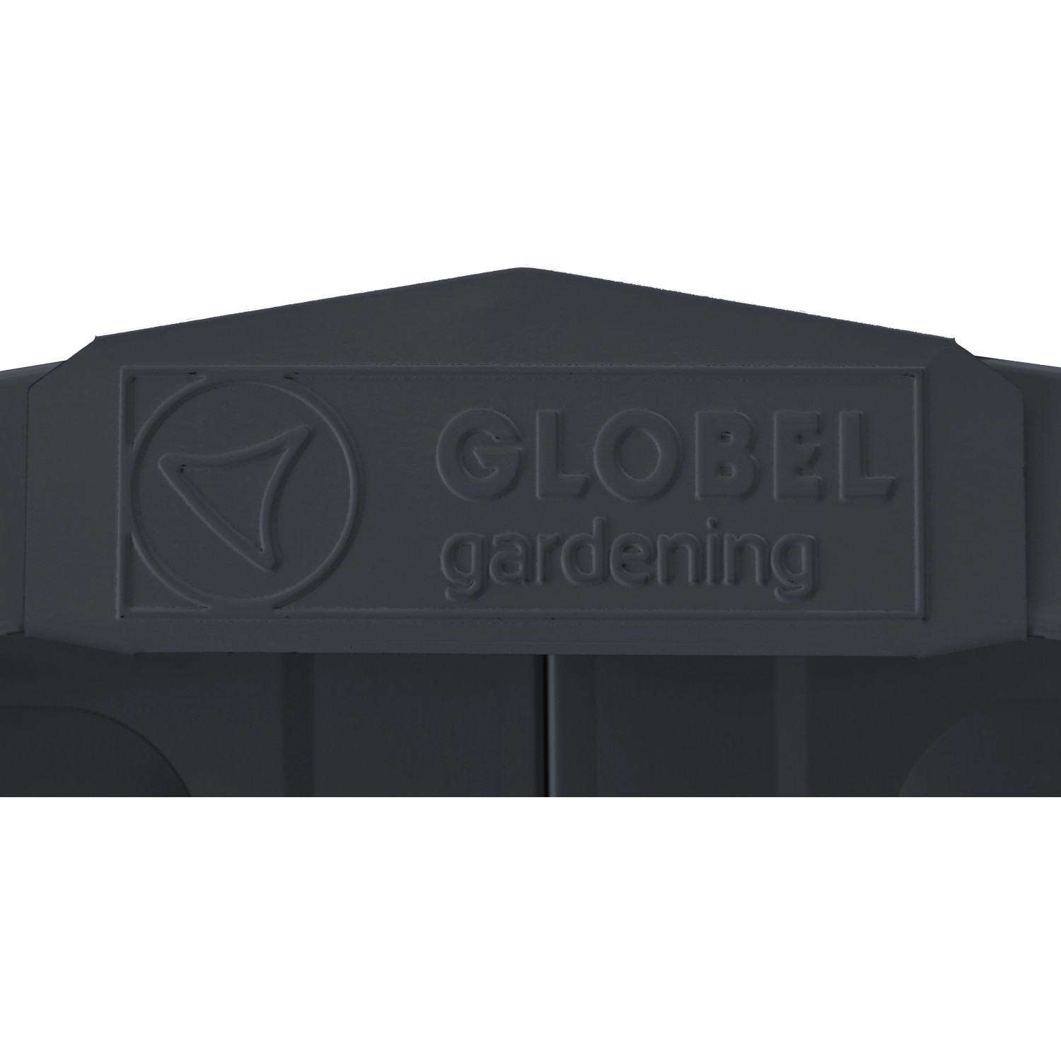 Detailaufnahme: Globel Metall-Gerätehaus Skillion 64 in Anthrazit, Fokus auf Logo.