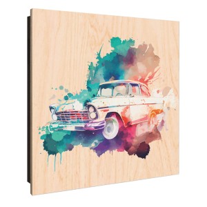 Banjado Schlüsselkasten mit Retro-Auto Aquarell Motiv, 30x30cm, 50 Haken, Scharnier rechts.