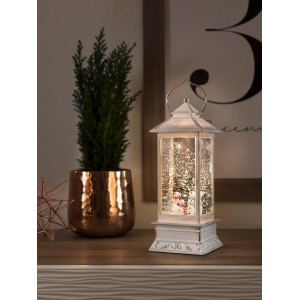 Weiße LED-Wasserlaterne mit Schneemännern für weihnachtliche Innen-Deko.