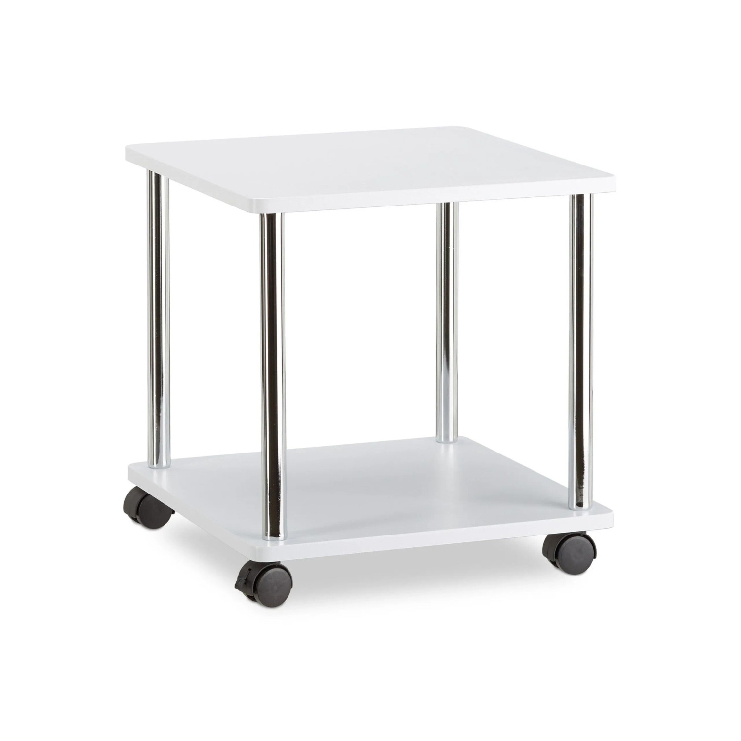 Relaxdays Beistelltisch MDF Edelstahl Weiß Rollbar 2 Etagen 41,5 cm x 40 cm x 40 cm, 4,3 kg