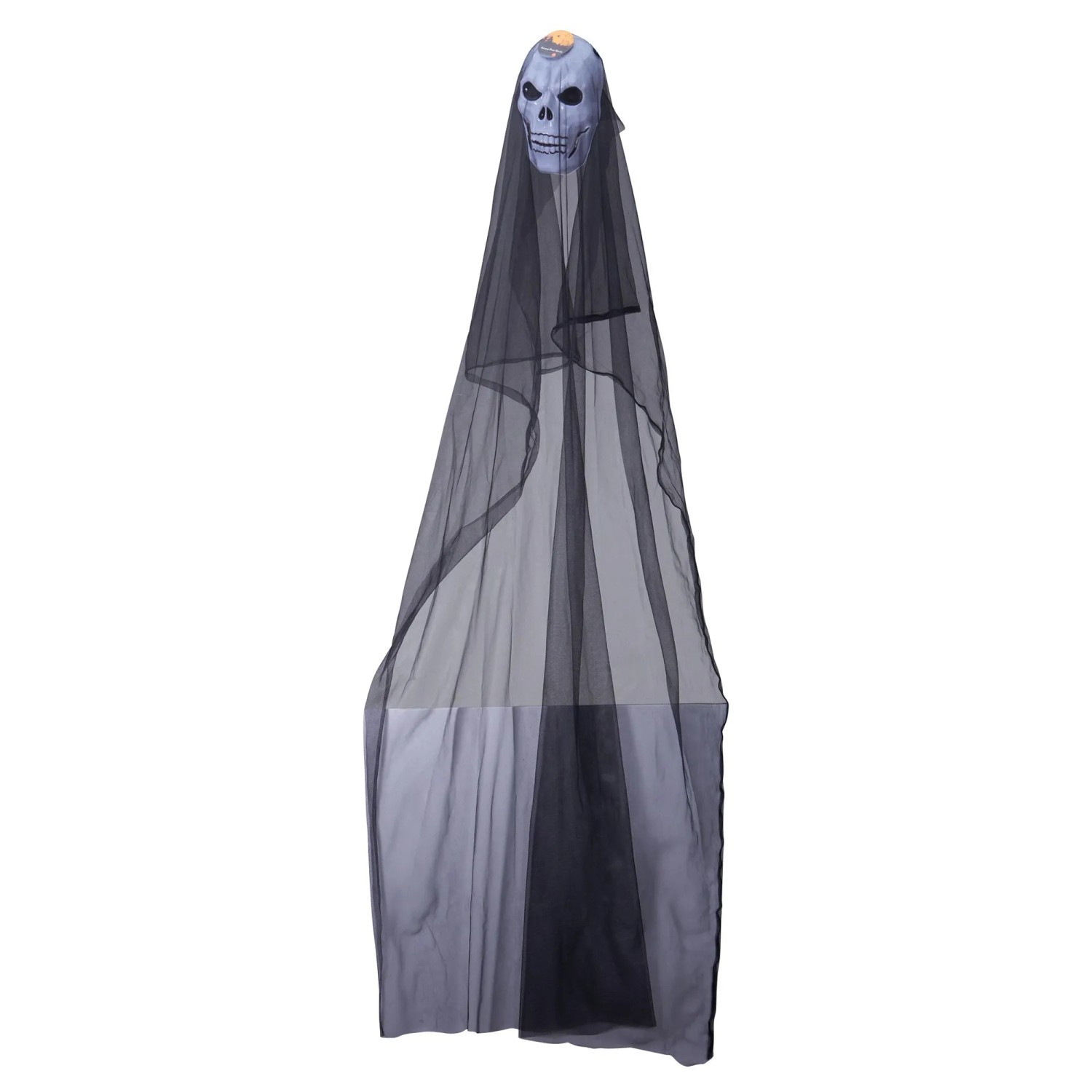 Hängende Halloween-Dekoration mit Skelettkopf und schwarzem, fließendem Stoff. Gruselige Dekofigur für Innen & Außen.