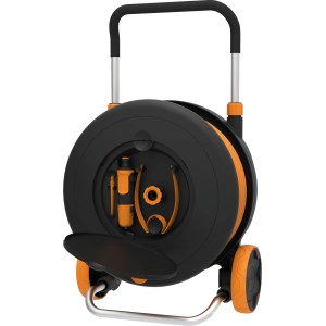 Fiskars Schlauchwagen Waterwheel L mit 30m Schlauch, schwarz/orange, mit Rädern und Zubehörfach.