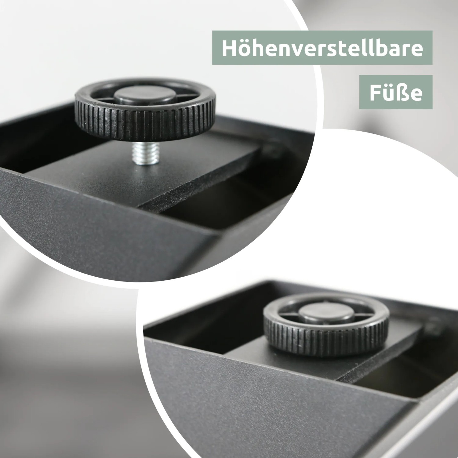 Detailaufnahme: Höhenverstellbare Füße des schwarzen holz4home Tiempo Spider Tischgestells.