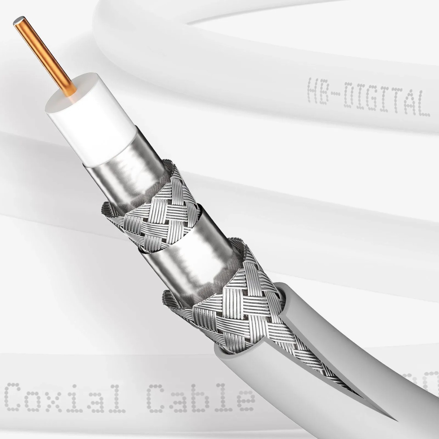 Weißes hb-digital SAT Koaxialkabel im Querschnitt. Zeigt 4-fach Schirmung, Kupferleiter für stabile Audio & Video Verbindungen.
