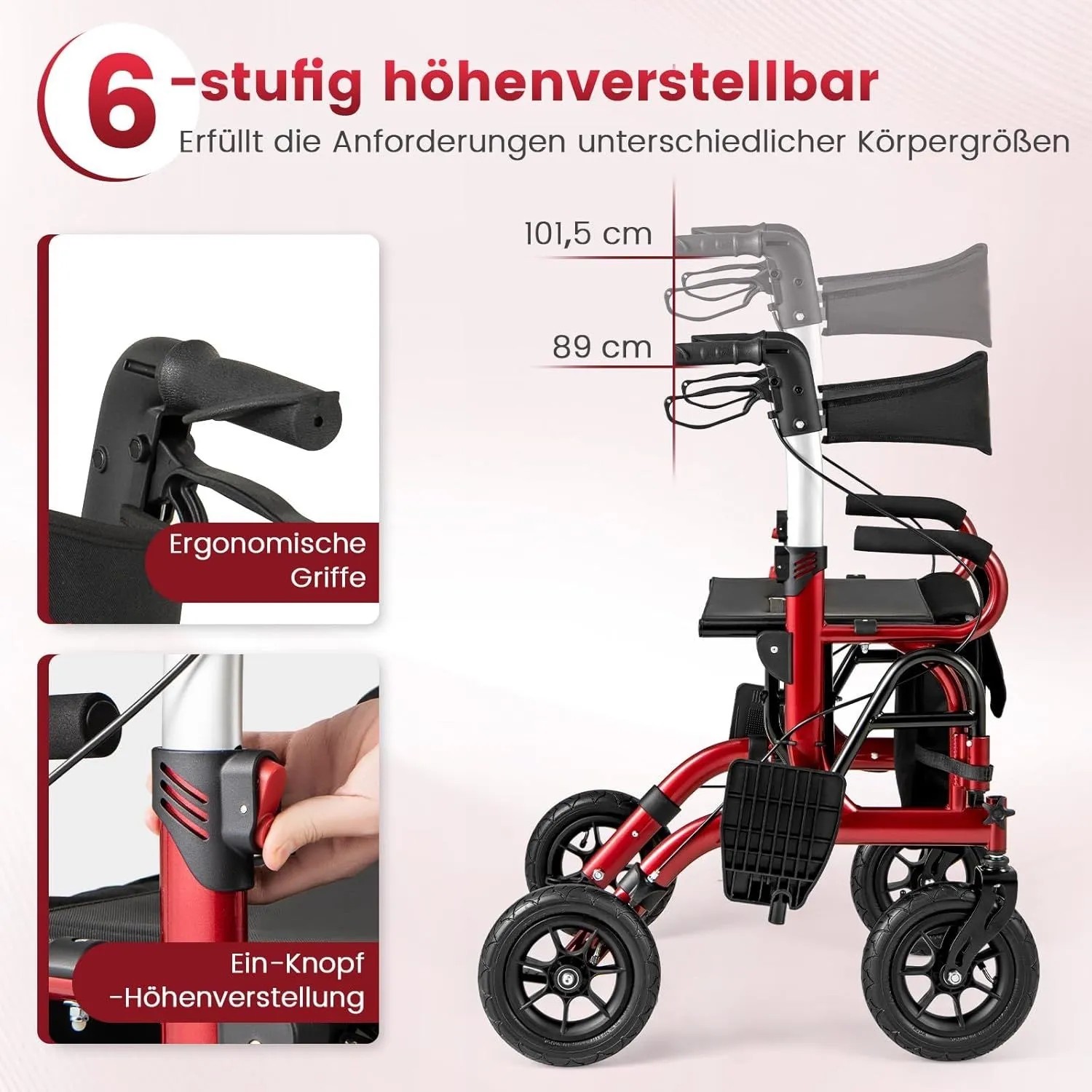 Roter 2-in-1 Rollator/Rollstuhl, 6-fach höhenverstellbar. Ergonomische Griffe, einfache Höhenverstellung.