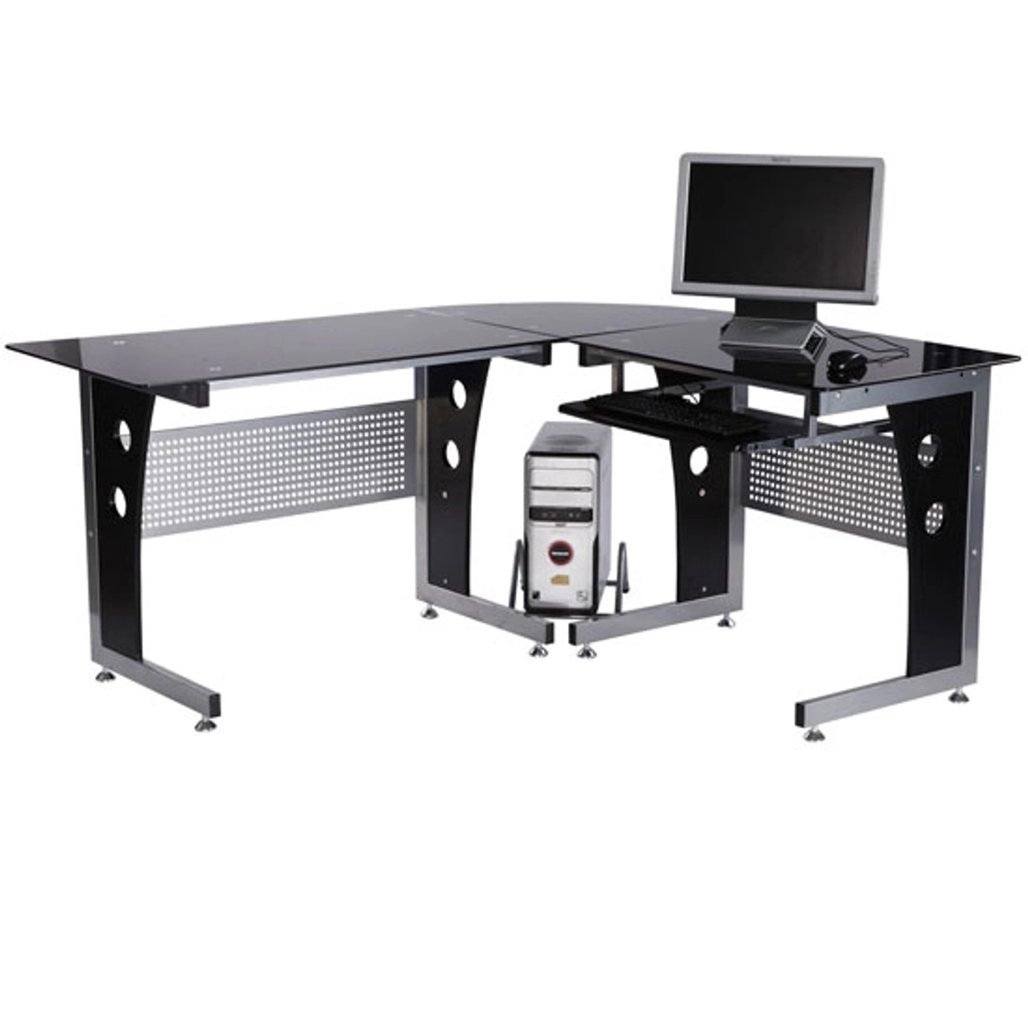HOMCOM Computertisch MDF Eisen Gehärtetes Glas Schwarz 164L x 139B x 75H cm günstig online kaufen