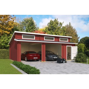 Lasita Garage Hawaii, rot, mit zwei Autos, Rasenmäher und Fahrrad. Holzgarage ohne Tore.