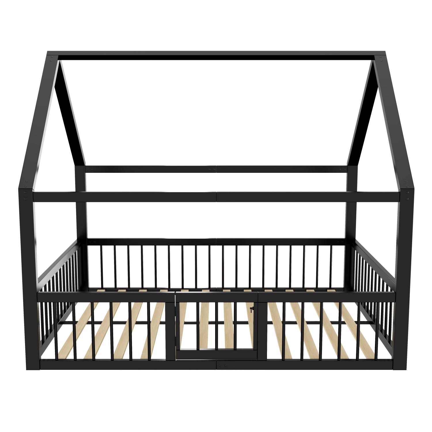 okwish Metall Flachbett 140x200cm mit Hauszierleisten und Brüstung Schwarz ohne Matratze
