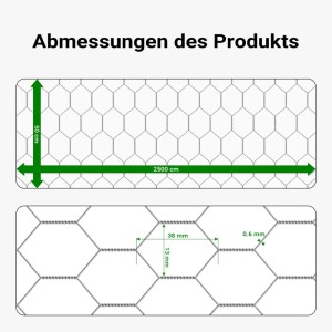 Skizze: Wiltec Volierendraht 25x0,5m, 13mm Maschenweite, Sechseckgeflecht, Zaun Abmessungen