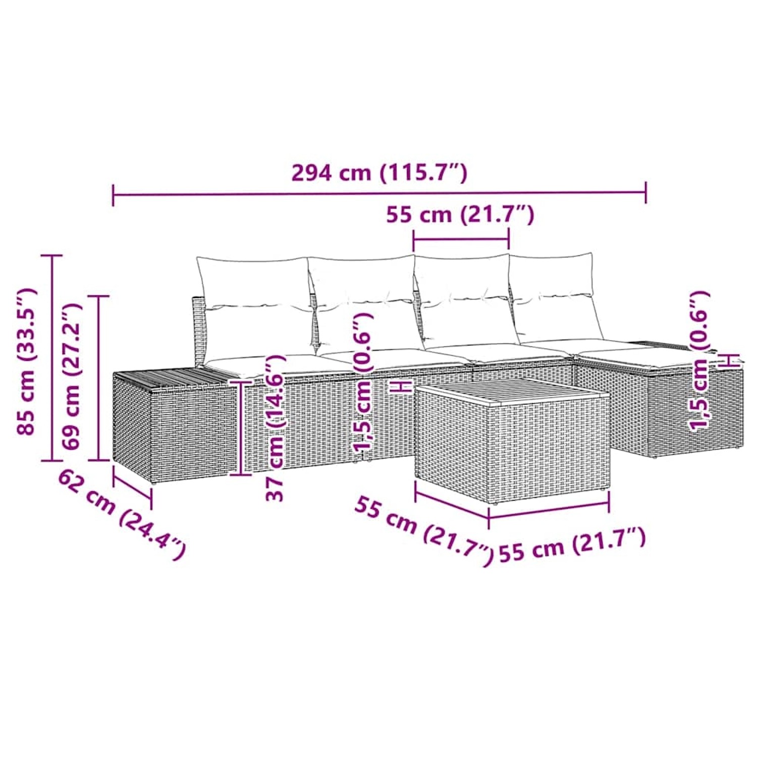 vidaXL Gartenmöbel-Set, 6-teilig, schwarzes Poly Rattan Sofa mit Tisch und Kissen, modulare Bauweise.