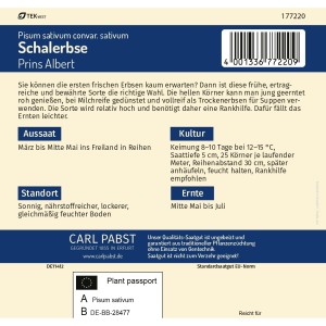 Saatgutpackung Pabst Schalerbse Früh & Hoch Prins Albert. Gemüse-Saatgut für ca. 70 Pflanzen.