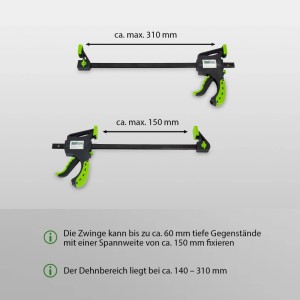 TRUTZHOLM Einhandzwingen 5er Set, Spannweite 150mm, Dehnbereich 310mm, schwarz/grün.