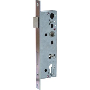 Abus Rohrrahmentür-Einsteckschloss, silberfarben, mit Profilzylinderaufnahme und 40 mm Dornmaß.