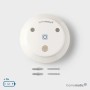 Weiße Homematic IP Alarmsirene für Innenräume mit Montagematerial und Batterie-Symbol.