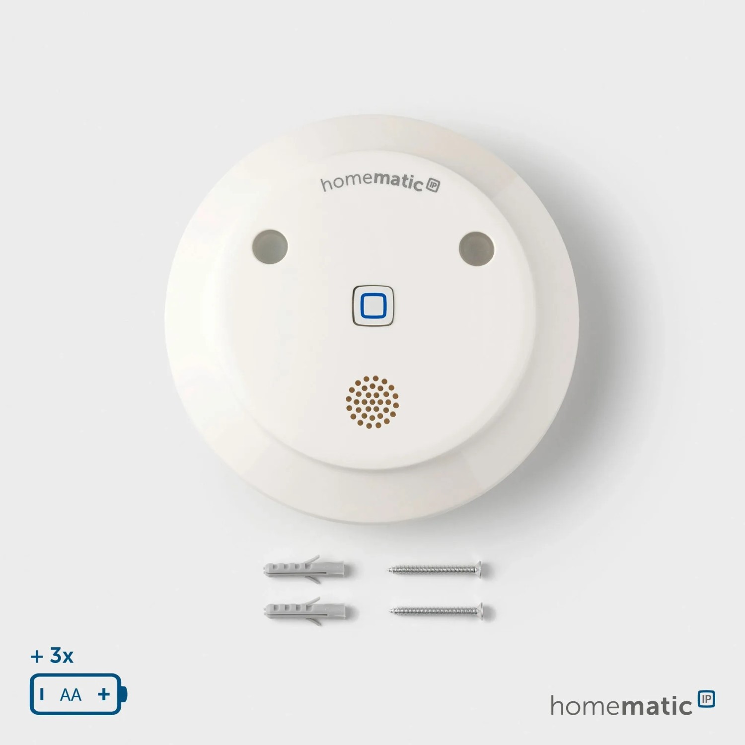 Weiße Homematic IP Alarmsirene für Innenräume mit Montagematerial und Batterie-Symbol.