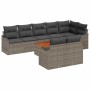 Graues 9-teiliges vidaXL Garten-Sofa-Set aus Poly Rattan mit Tisch und grauen Polstern.