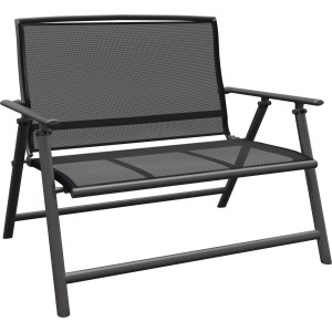 Klappbare Gartenbank Vigo, grau-schwarz, mit Aluminiumrahmen und Textilbespannung für 2 Personen.