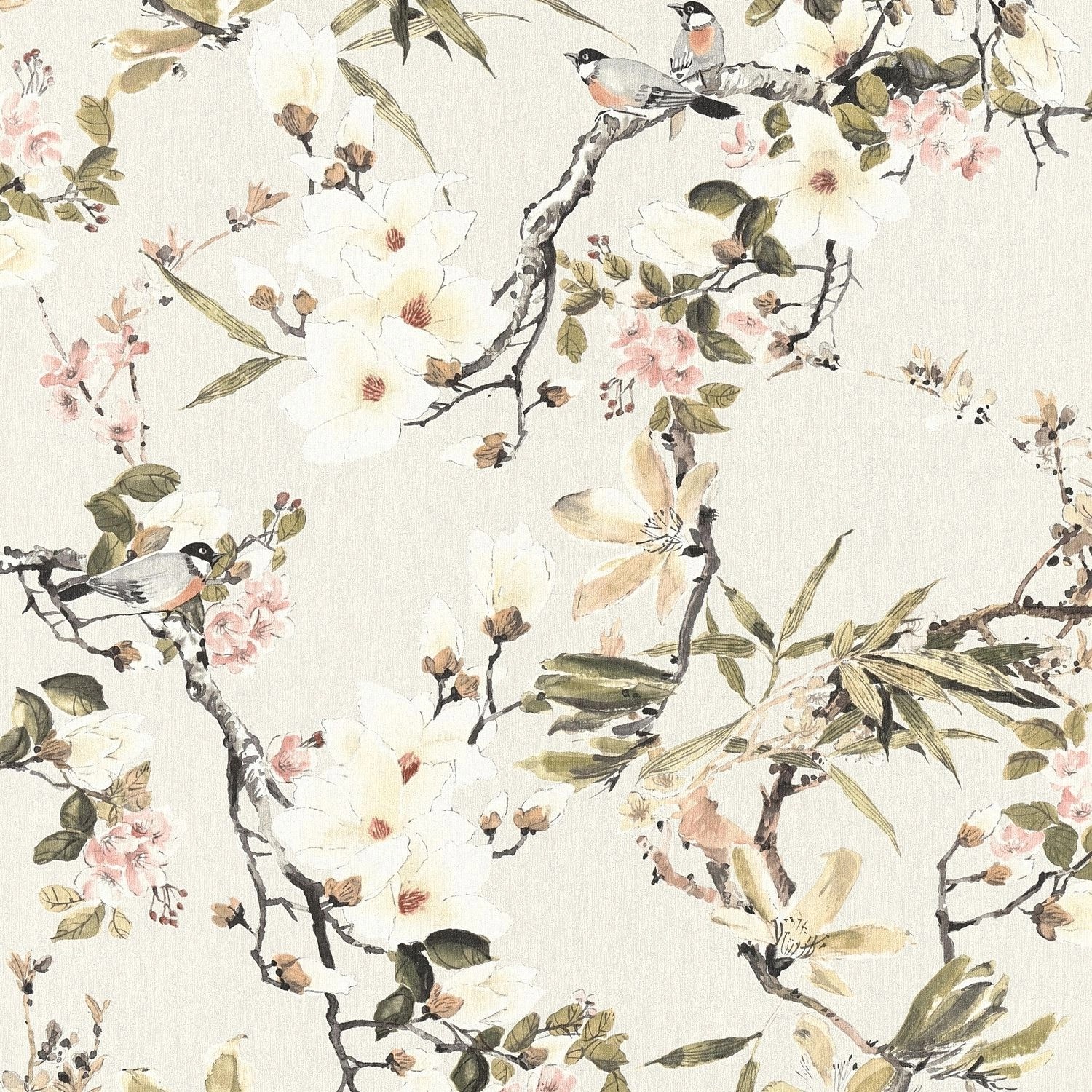 PROFHOME 364982-GU Blumen Tapete Vogelmuster Matt Beige Grün Grau 0,53 m x günstig online kaufen