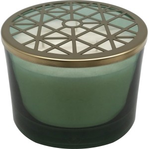 Grün-goldene Duftkerze Dark Wonder im Glas mit Metalldeckel für stimmungsvolle Atmosphäre.