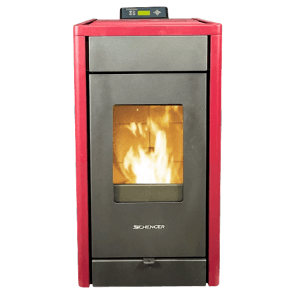 Roter SCHENGER Pelletofen HP07 8kW A++ mit Sichtfenster und Display.