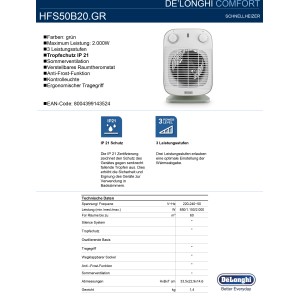 DeLonghi Schnellheizer HFS50B20.GR, ein grünes, elektrisches Heizgerät mit 2000W Leistung und IP21 Schutz.
