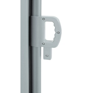 Detailaufnahme des Griffs einer Garden Pleasure Seitenmarkise mit Waldlichtung Motiv.