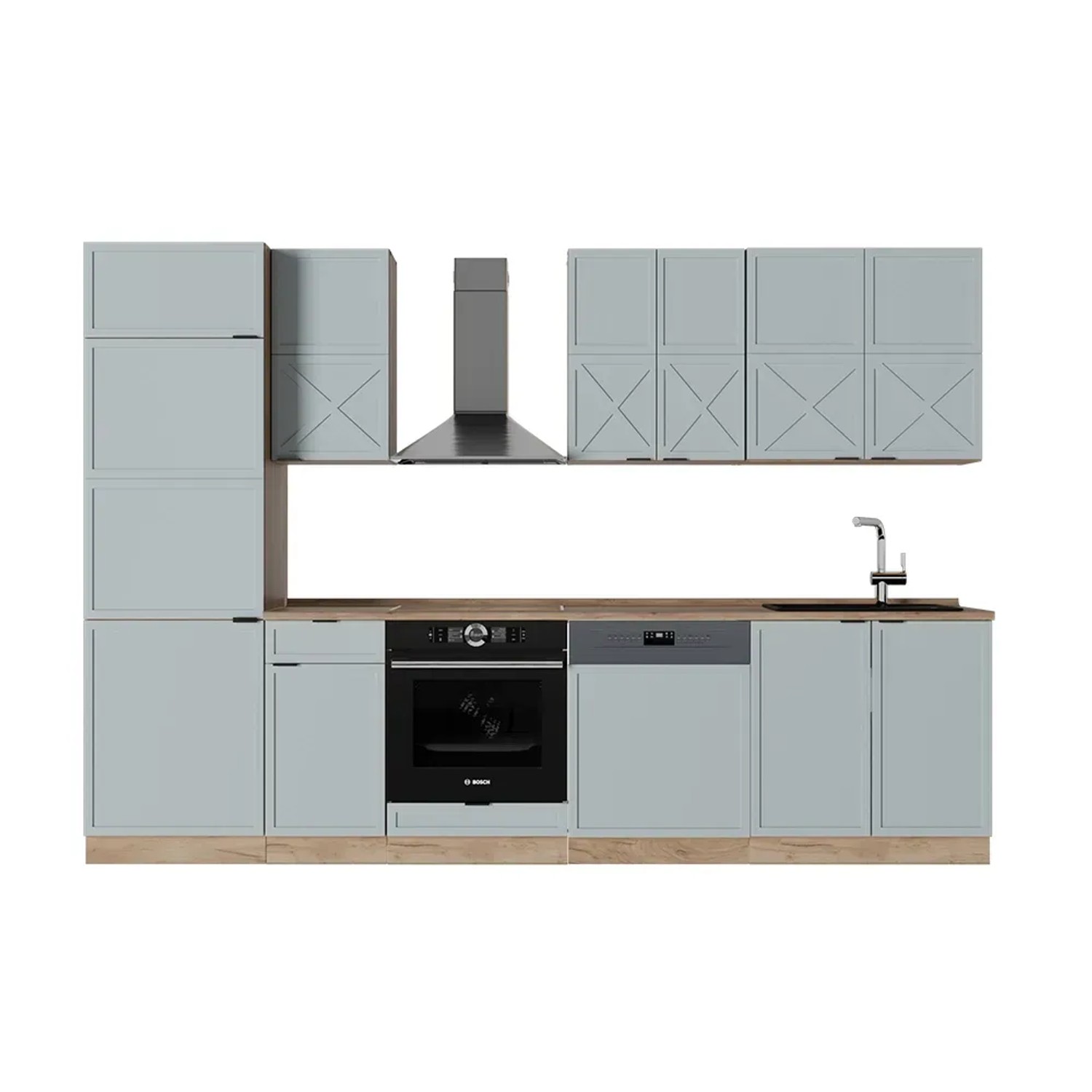 Vicco Fame-Line Küchenzeile Hellblau-grau/Goldkraft Eiche 300 cm AP Eiche ohne E-Geräte