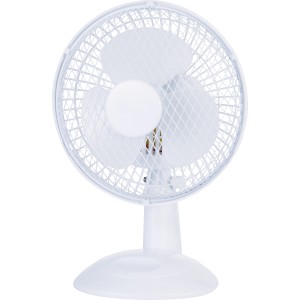 Weißer Tischventilator (Ø 15 cm) mit 2 Stufen für kühle Luft.