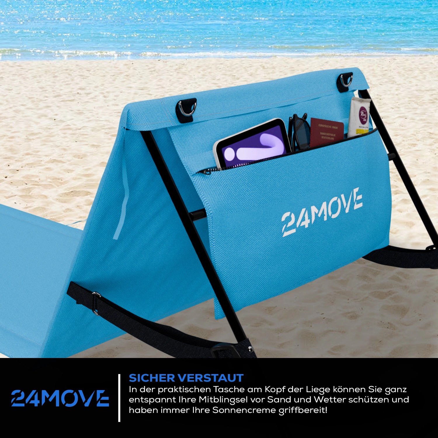 2er Set blaue 24MOVE Strandmatte mit Rückenlehne, klappbar mit Tasche für Handy, Sonnencreme und Pass.