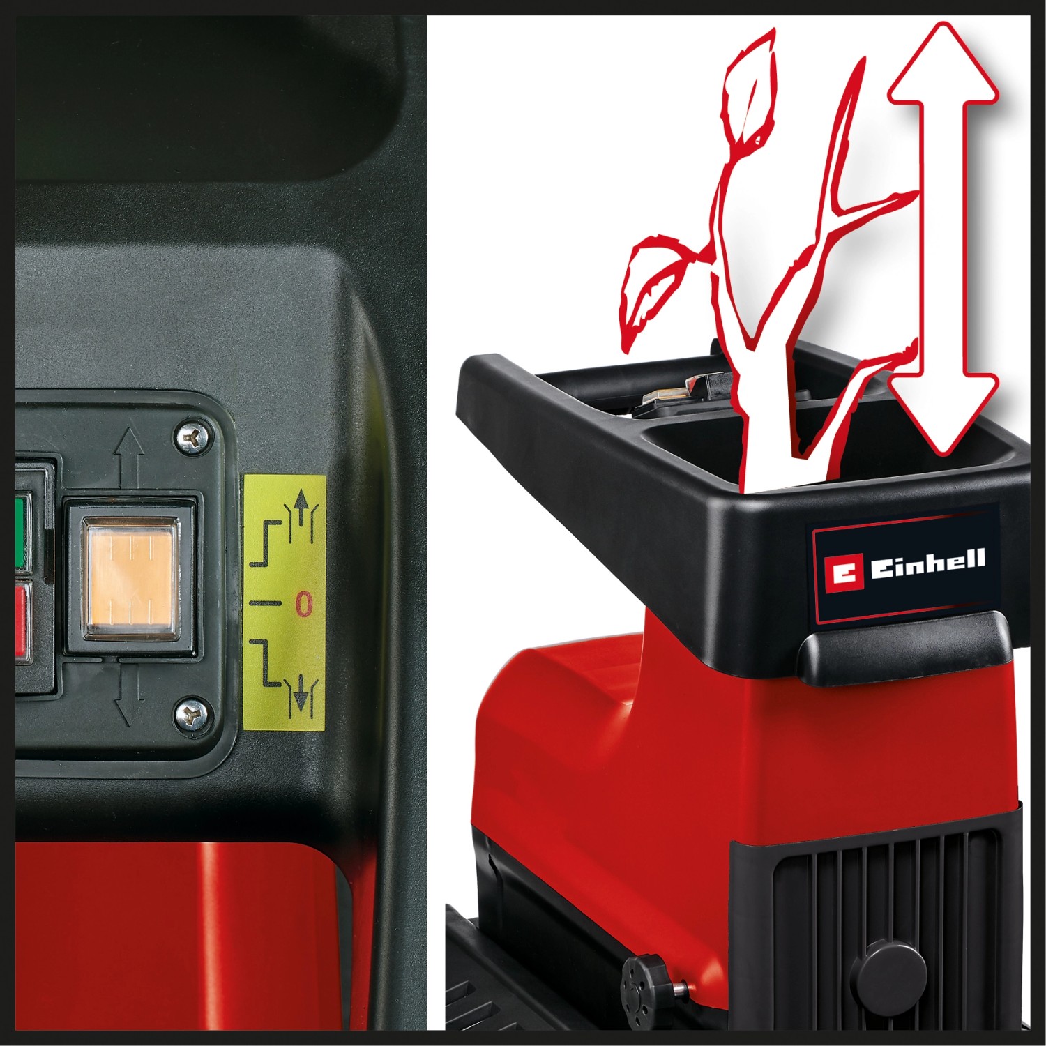 Detailaufnahme: Einhell GC-RS 60 CB Elektro-Leisehäcksler mit Einfülltrichter und Bedienelementen.