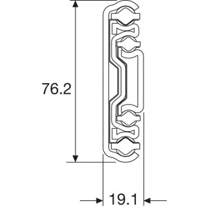 Querschnitt der Accuride Kugelkäfigführung Dz9301-E. Zeigt Höhe 76,2 mm und Breite 19,1 mm des verzinkten Stahl-Vollauszugs.