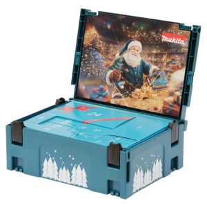 Makita Adventskalender 2026 im MAKPAC 2. Türkiser Koffer mit Weihnachtsmann-Motiv und 24 Türchen für Werkzeug-Sets.