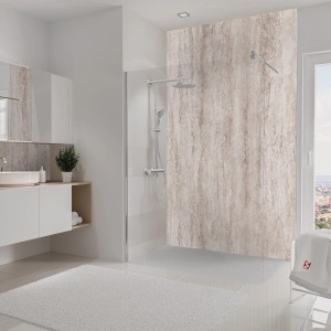 Schulte Duschrückwand DecoDesign Travertin-Beige, 255x150 cm im Badezimmer.