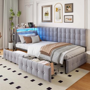 Graues Merax Polsterbett 90x200cm mit LED-Beleuchtung, USB-C und 2 Schubladen. Modernes Schlafsofa mit Stauraum.