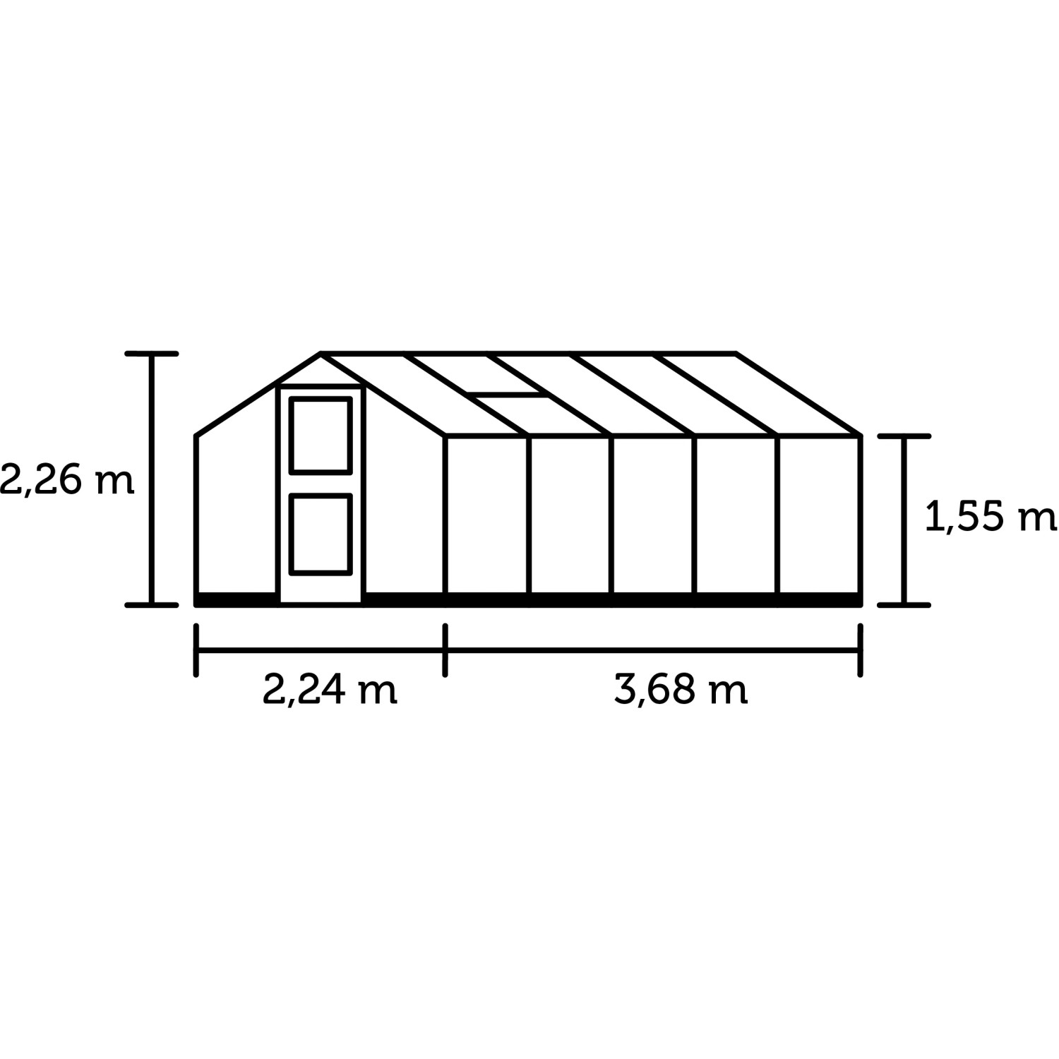 Skizze Juliana Gewächshaus Compact 8 Alu mit Maßangaben zu Höhe, Breite und Tiefe.