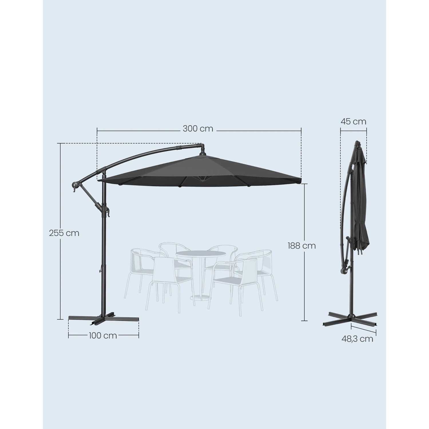 Songmics Ampelschirm 255x300 cm in Anthrazit mit Maßangaben für Schatten im Garten.