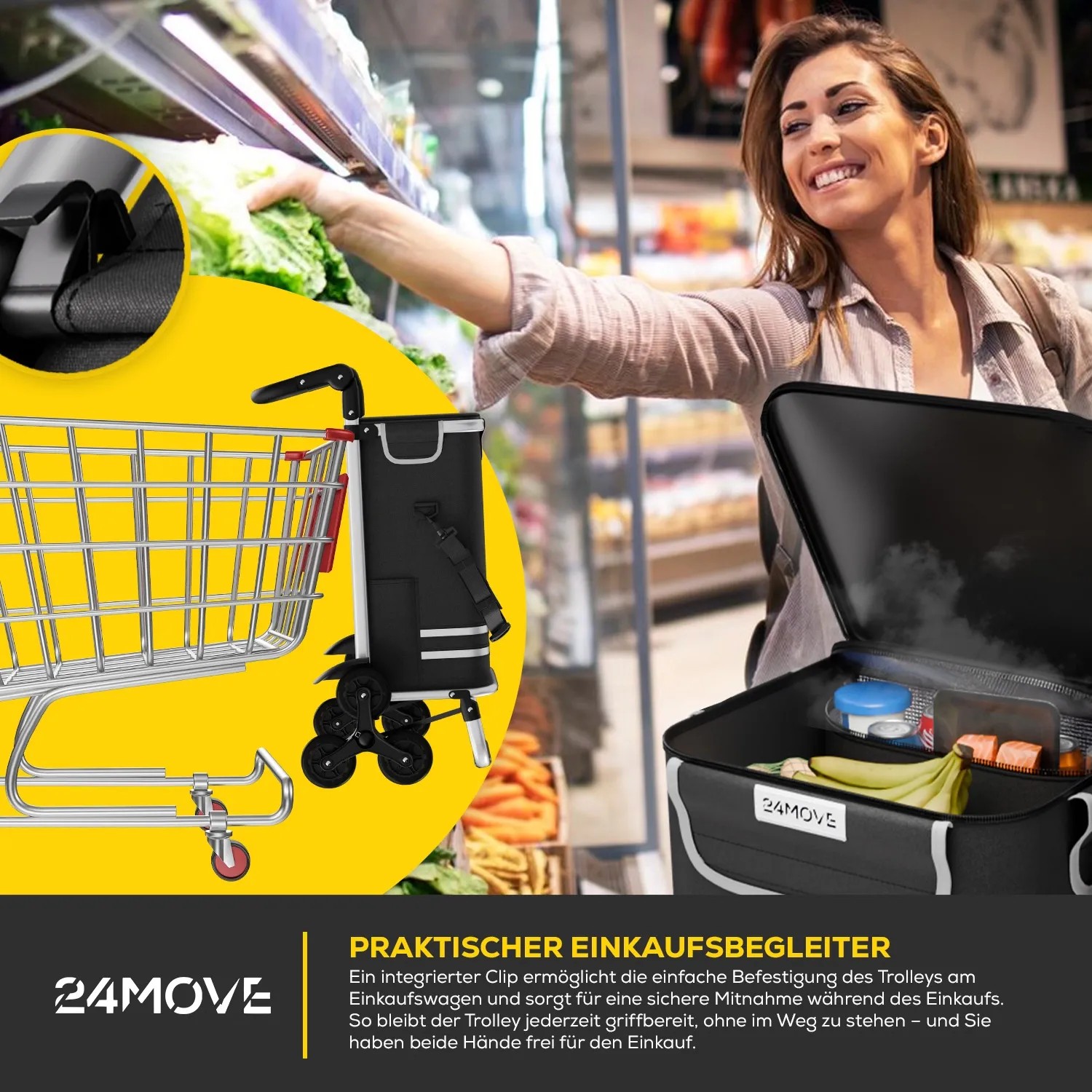 24MOVE Einkaufstrolley Alegre 3in1, faltbar, mit Kühlfach, schwarz, im Einsatz im Supermarkt.