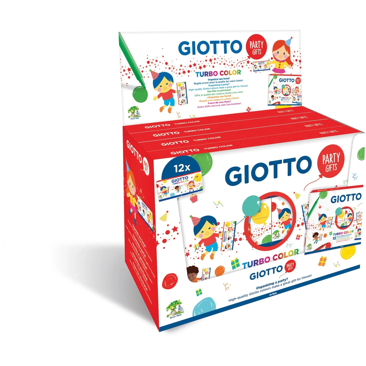 Giotto Mitgebsel-Set mit 12 Packungen Fasermaler in verschiedenen Farben, ideal für Kindergeburtstage.