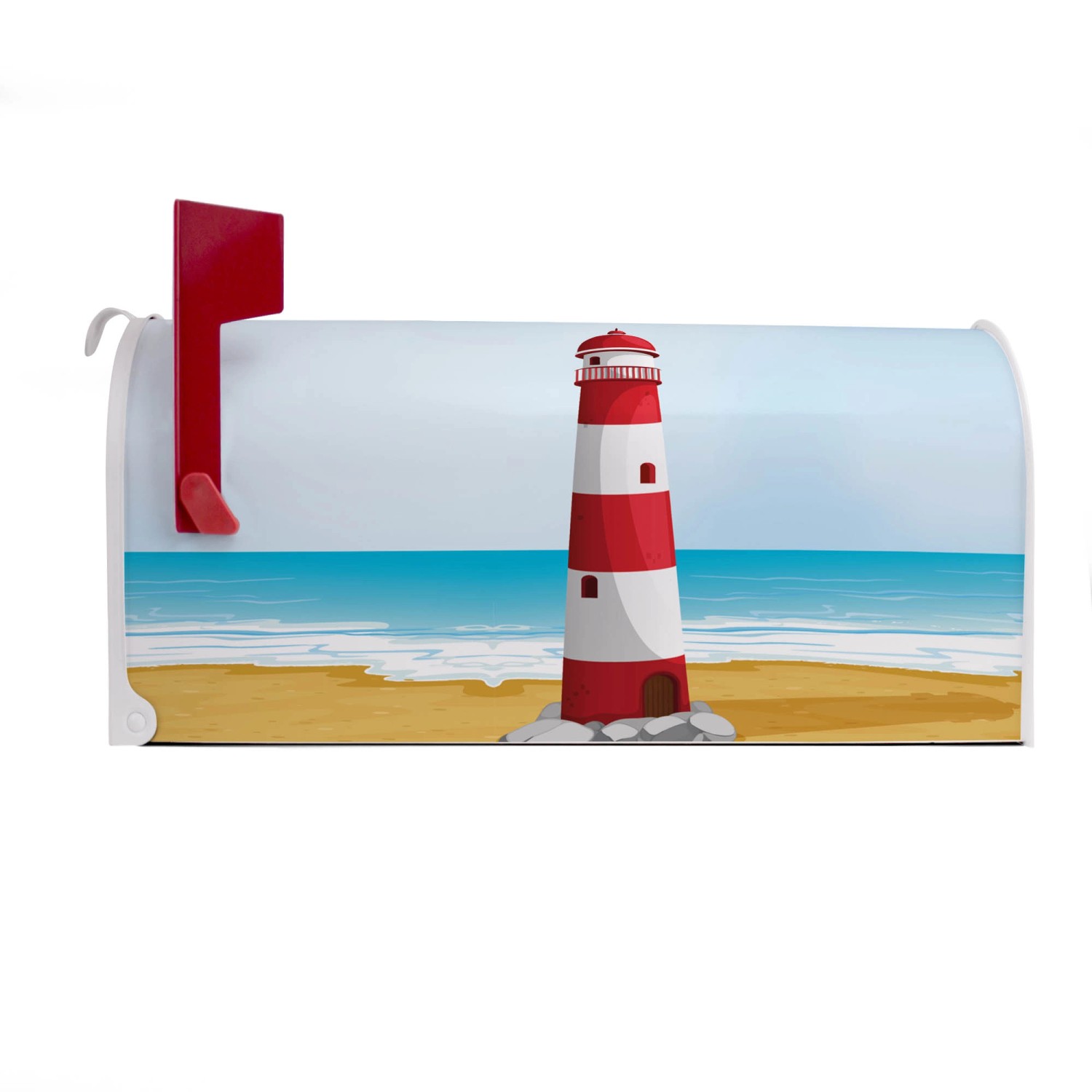 Weißer Banjado US Briefkasten mit Leuchtturm Motiv, Stahl, 48x22x16cm.