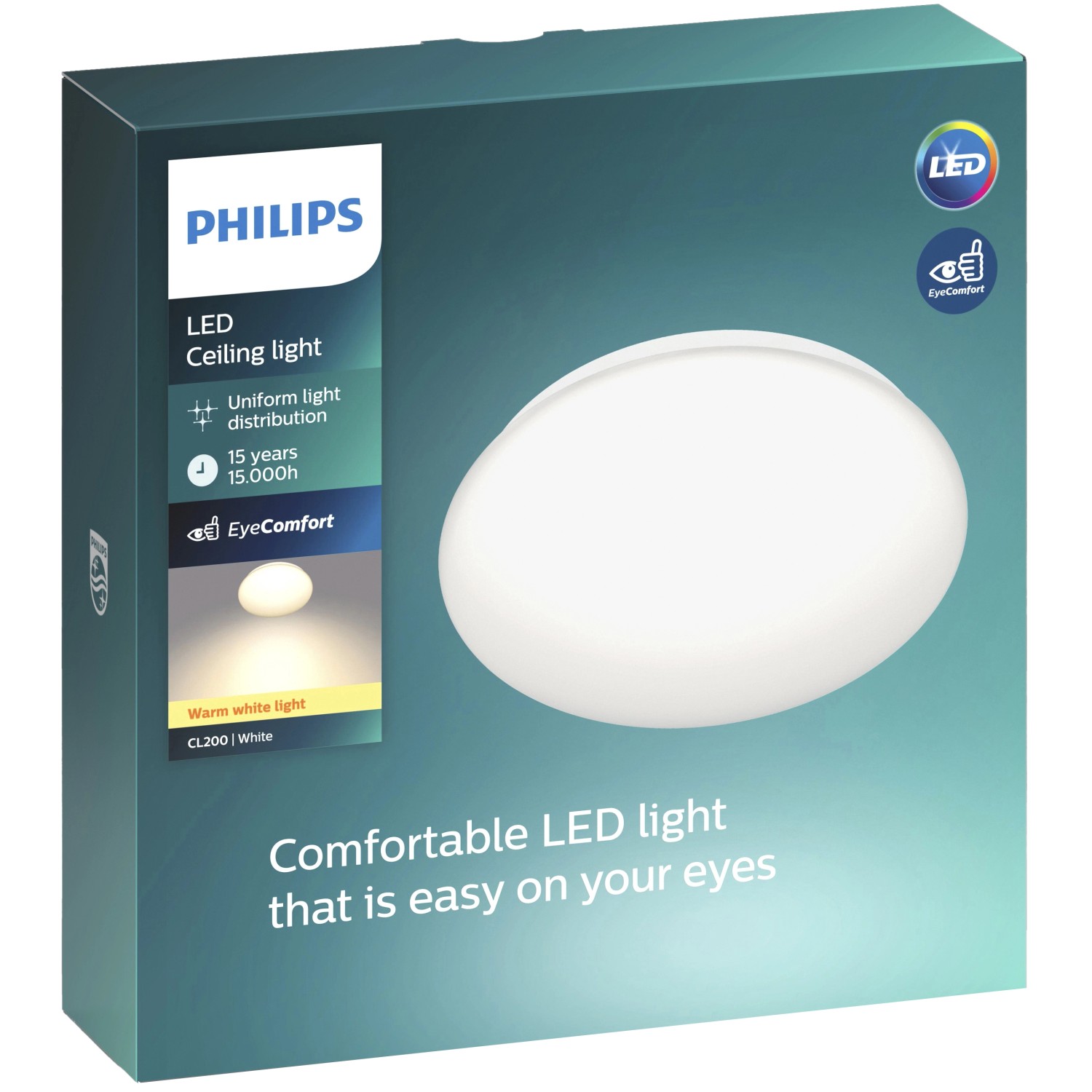 Verpackung der weißen Philips LED-Deckenleuchte Moire CL200 mit EyeComfort-Technologie.