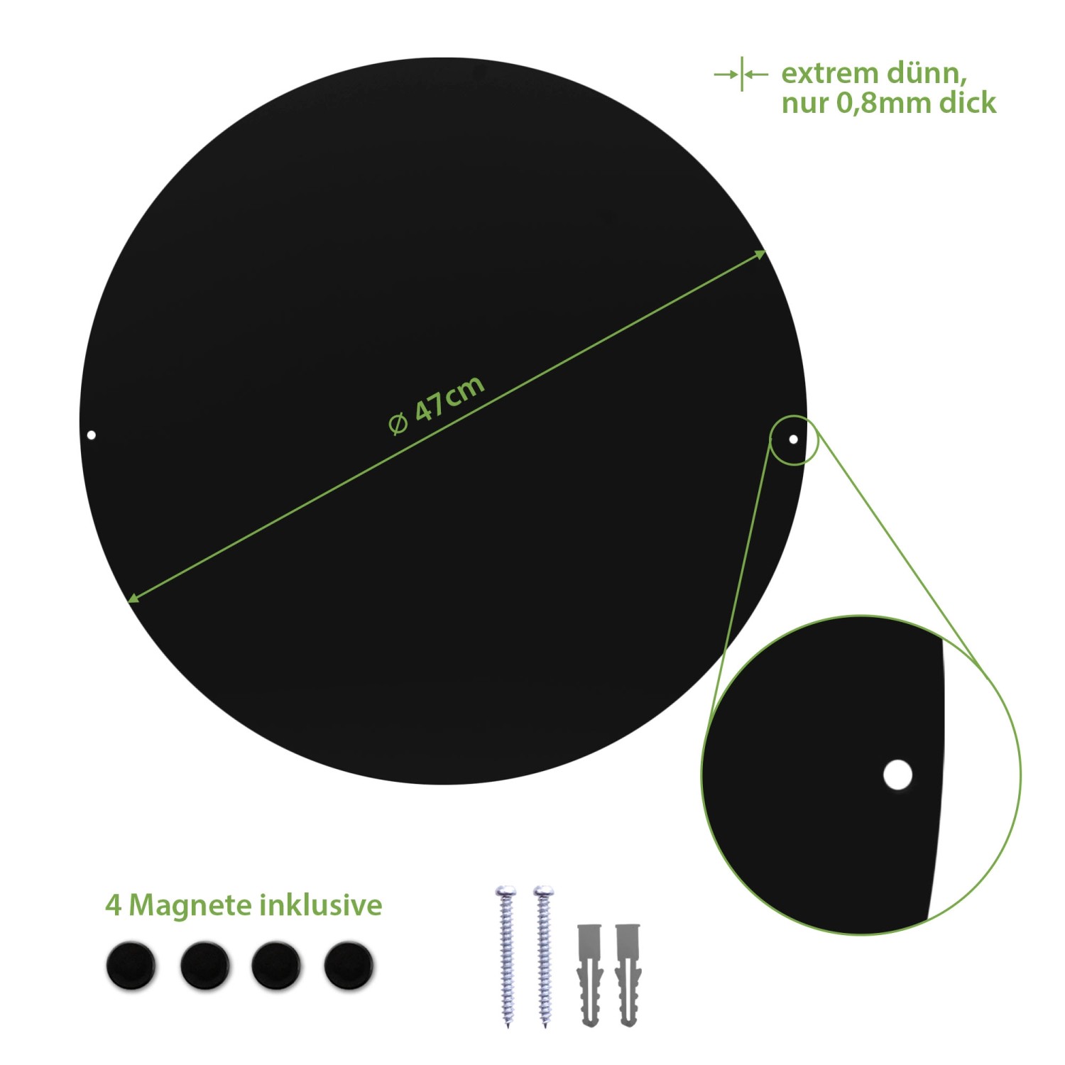 Runde, schwarze Banjado Magnettafel (47cm) aus Metall mit Maserung, inkl. Magnete und Montagematerial.