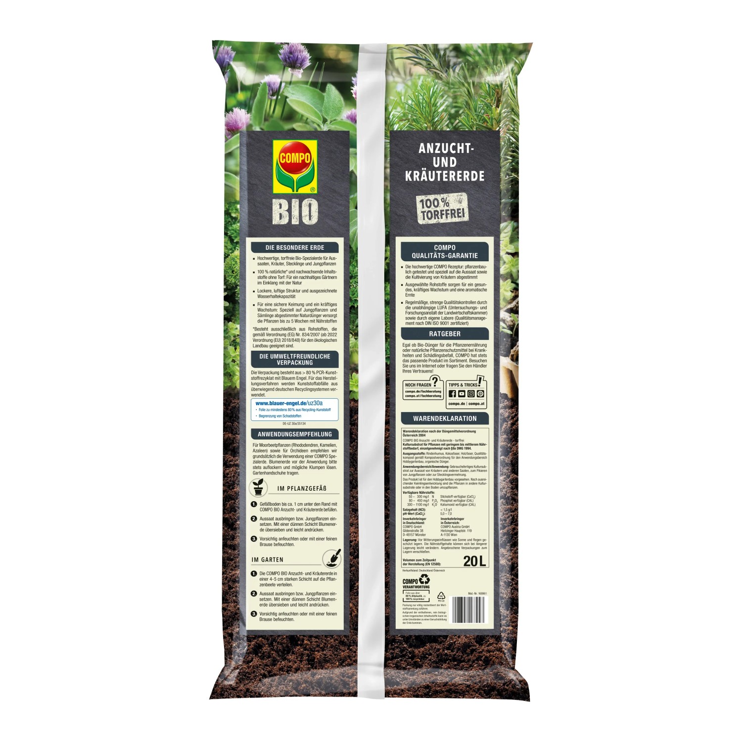 Compo Bio Anzucht- und Kräutererde, 20 l Sack, torffreie Bio-Erde für Aussaat und Kräuteranbau.