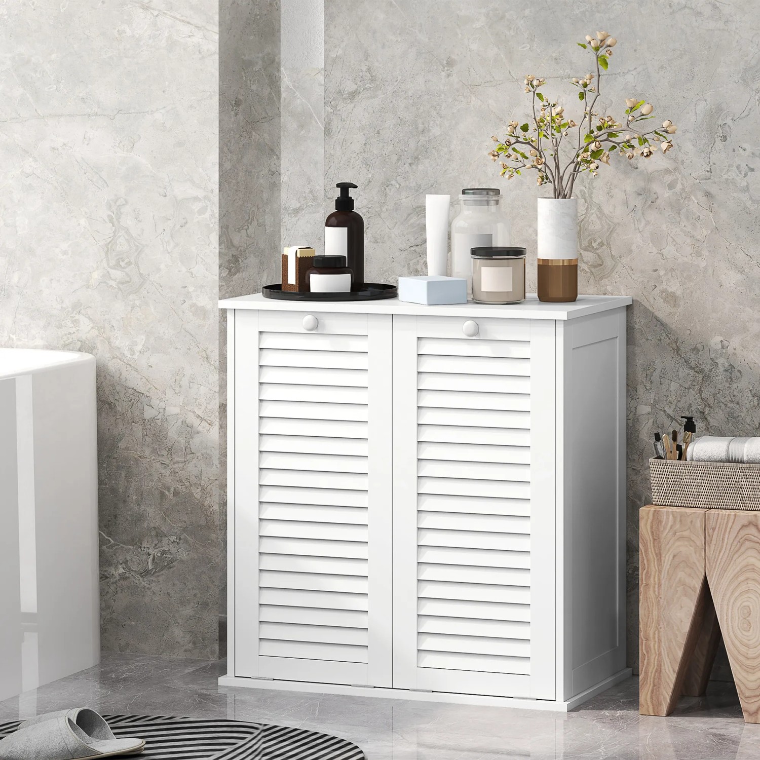 HOMCOM Wäscheschrank mit 2 Wäschekörben, weißes MDF, Lamellentüren für Badregale & Badablagen.