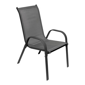 Stapelbarer, anthrazitfarbener Mojawo Gartenstuhl mit Textilbespannung und Metallgestell.