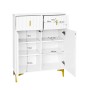 Weißer Schuhschrank Sideboard mit strukturierten Schubladen, goldenen Griffen und Beinen. Offene Türen zeigen verstellbare Regalböden.